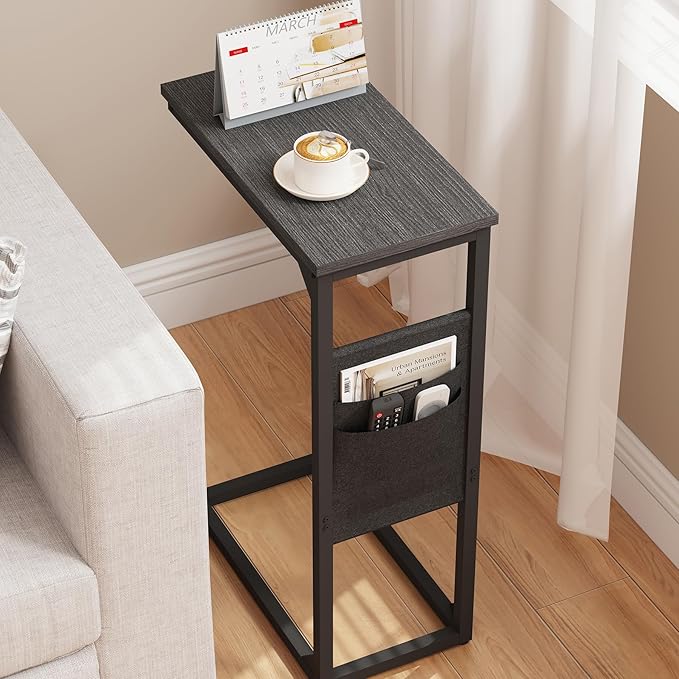 TUTOTAK C Shaped End Table, Side Table for Couch, Sofa Table with Storage Bag, TV Tray for Living Room, Bedroom, Black TB01BK082