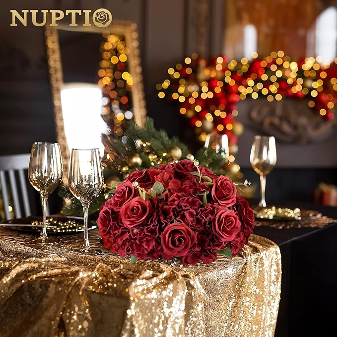 Nuptio Flower Balls for Wedding Centrepieces - 2 Pcs 15.7 inch Diameter Large Burgundy Artificial Flowers Roses Ball Fake Flower Arrangement Bouquet Faux Rose for Wedding Party Centrepiece Decorations