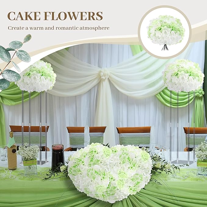 Zeyune 100 Pcs Hydrangea Artificial Flowers, Silk Flower Heads with Stems, Fake Hydrangea Bouquet for Wedding Arch Centerpiece DIY Floral Home Decoration (White and Green)