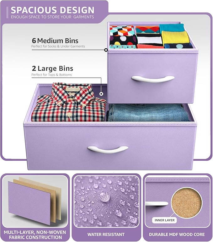 Sorbus Kids Dresser with 8 Drawers - Chest Organizer Unit with Steel Frame Wood Top & Handle, Fabric Bins for Clothes - Wide Furniture for Bedroom Hallway Kids Room Nursery & Closet