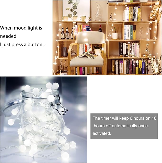 WERTIOO Battery Operated String Lights 33ft 100 LEDs Globe Christmas Lights with Remote Control for Outdoor/Indoor Bedroom,Garden,Christmas Tree[8 Modes,Timer ] (White)