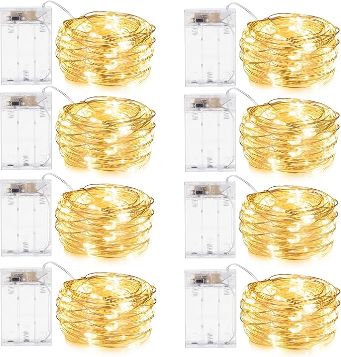 Minetom Fairy Lights Battery Operated, 8 Pack 7 FT 20 LED String Lights with Timer, Waterproof Silver Wire Christmas Fairy Light for Bedroom Party Wedding Decorations, Warm White