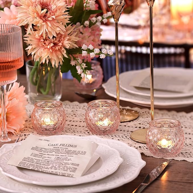 DARJEN 48Pcs Pink Votive Candle Holders- Round Candle Holders Bulk for Flameless LED Tea Waxes, Romantic Candle Holder for Wedding & Home Table Decor, Various Parties