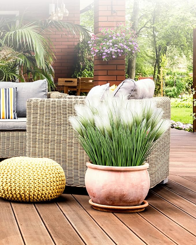 Vlorart 33" Artificial Plants 6 Pack Onion Tall Grass Greenery, Faux Fake Grass Shrubs Plant Flowers Wheat Grass for House Home Indoor Outdoor Office Room Gardening Indoor Décor-White