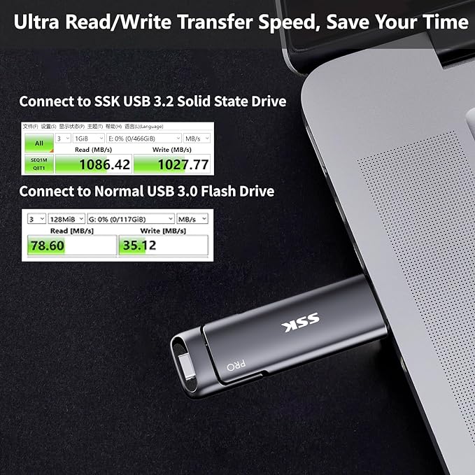 SSK 256GB SSD USB C Stick up to 1000MB/s,Fast Thumb Drive,Dual Drive Type-C + USB A 3.2 Gen 2 External Solid State Drives,USB Memory Stick for iPhone 15/PS4/Android Phone/Tablet/Windows/Mac