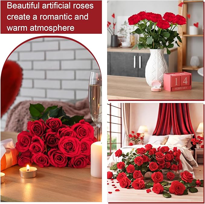 Ouddy Decor 50 Pcs Artificial Red Roses Bulk Realistic Fake Silk Flowers with Long Stems for Wedding Bridal Bouquet DIY Table Centerpieces Arrangement Valentines Home Decor