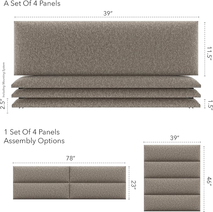 Vänt Upholstered Wall Panels - King/Cal King Size Wall Mounted Headboards - Faux Merino Wool Brown - Twin/King - Set of 4 Panels (Each Individual Panel 39"x11.5")