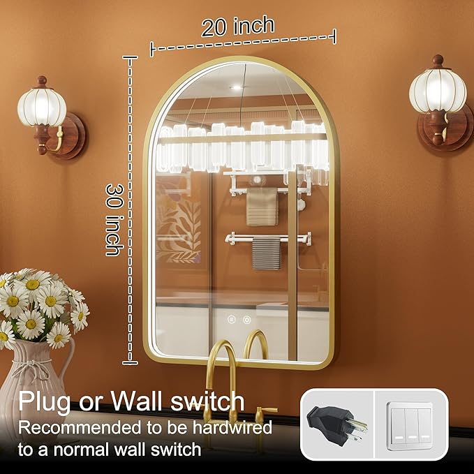 20x30 Inch Arched LED Bathroom Mirror with Lights, Adjustable 3000K/4500K/6000K, Wall Mounted Gold Frame Lighted Bathroom Vanity Mirror, Anti-Fog, Dimmable, Memory Function