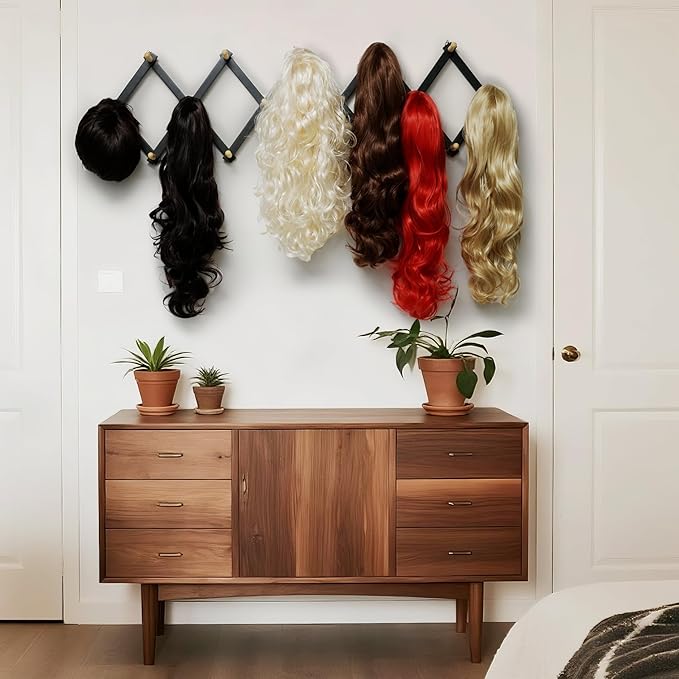 SKOLOO Accordion Wall Hanger with 16 Hooks, Modern Expandable Coat Rack Hat Rack for Wall, Solid Wooden, Natural on Black