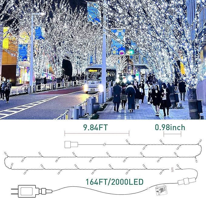 Quntis 164ft 2000 LED Cluster Christmas String Lights - 8 Modes Christmas Tree Lights - Outdoor Waterproof Dark Green Wire Christmas Lights Plug in for Holiday Wedding Party Home Decor, White
