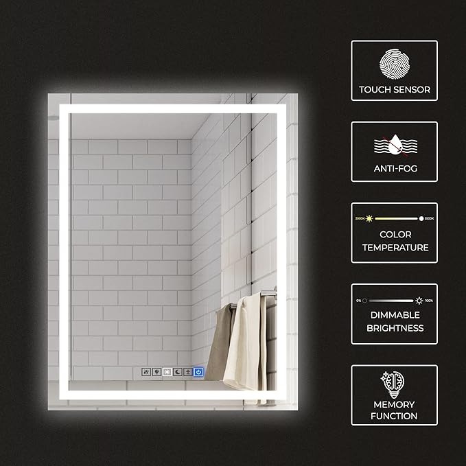 Bathroom Vanity LED Mirror for Wall with Anti Fog, Dimmable Touch Button, Adjustable Color Temperature, Memory Function 30"x40" by Fab Glass and Mirror