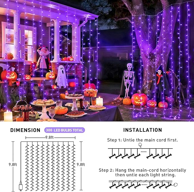 JMEXSUSS 300LED Purple Christmas Lights with Remote, Curtain Hanging Light Plug in, 8 Modes Purple String Lights for Bedroom Window Wall Party Backdrop Halloween Christmas Decorations