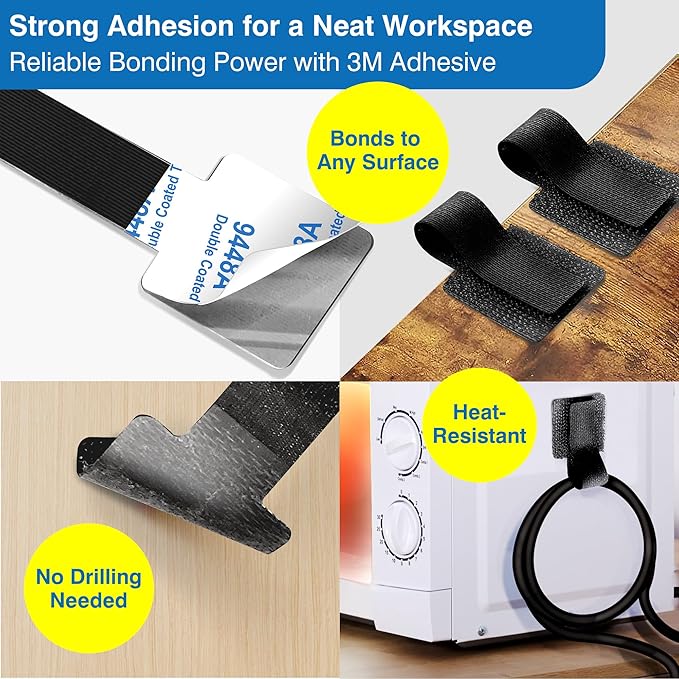 Cable Management Kit – 40 Self-Adhesive Hook & Loop Cable Ties with 2 Extension Straps, Strong Adhesive Cord Organizer for Desk, Wall, Home & Office – Adjustable Wire Holders (Black)