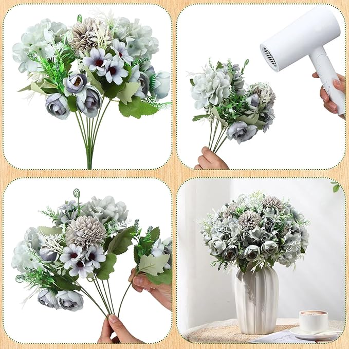 Tigeen 12 Bundles Peonies Artificial Flowers Faux Roses Silk Flowers Hydrangea Artificial Bouquet for Wedding Table Centerpiece Floral Vase Home Office Bridal Decor (Pastel Blue)