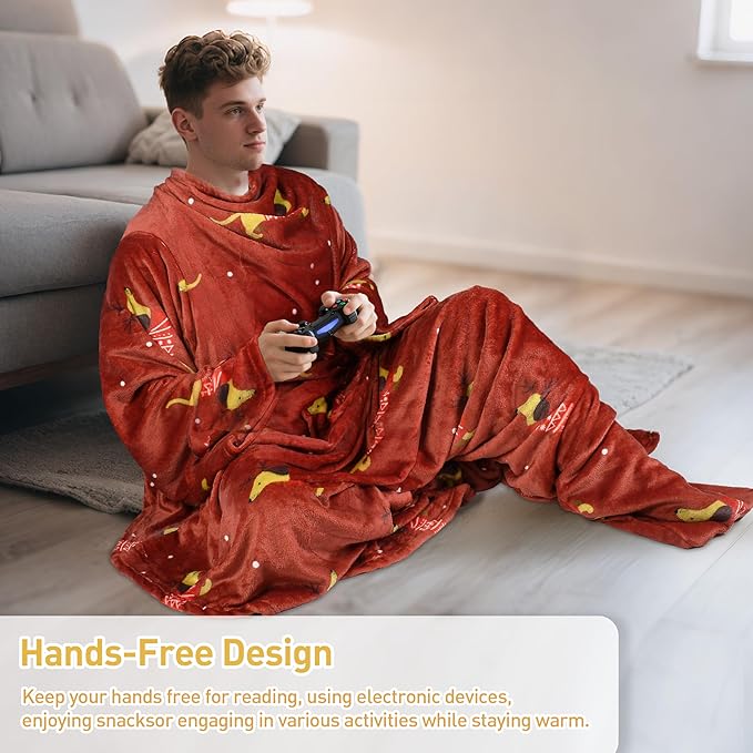 Catalonia Xmas Dachshund Print Wearable Blanket with Sleeves and Foot Pocket – Ultra-Soft Warm Fleece Long Throw Snuggly Blanket for Sleeping & TV Time – Cozy Christmas Gift for Women & Men