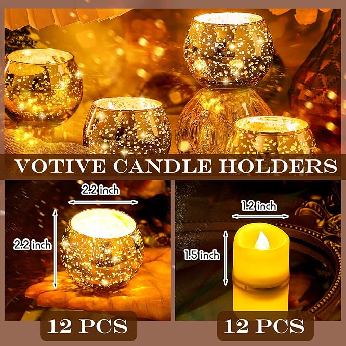 Rtteri 12 Set Votive Candle Holders Wedding Centerpiece Table Decorations Speckled Mercury Glass Votive Candle Holders with Tea Lights Birthday Party Decorations for Home (Gold)