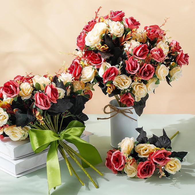 Hotop 12 Bunches of Artificial Flowers Centerpiece 13 Inches Silk Faux Roses Bouquets for Table Decoration Realistic Bouquet Arrangement Boho Faux Flowers for Wedding (Coffee)