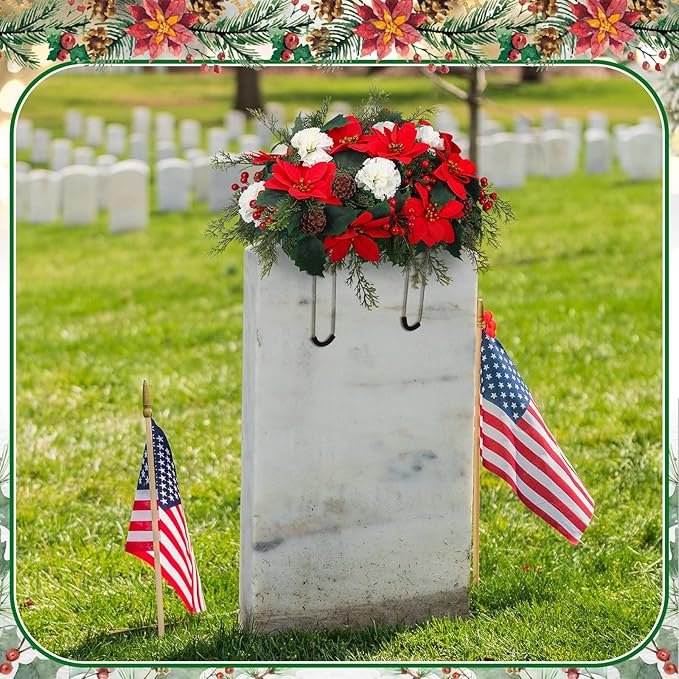 Christmas Cemetery Decorations for Grave Headstone Flower Saddle Artificial Flower Saddles Red Poinsettia Outdoor Memorial Headstone Realistic Bouquet(Red and White,Elegant Style)