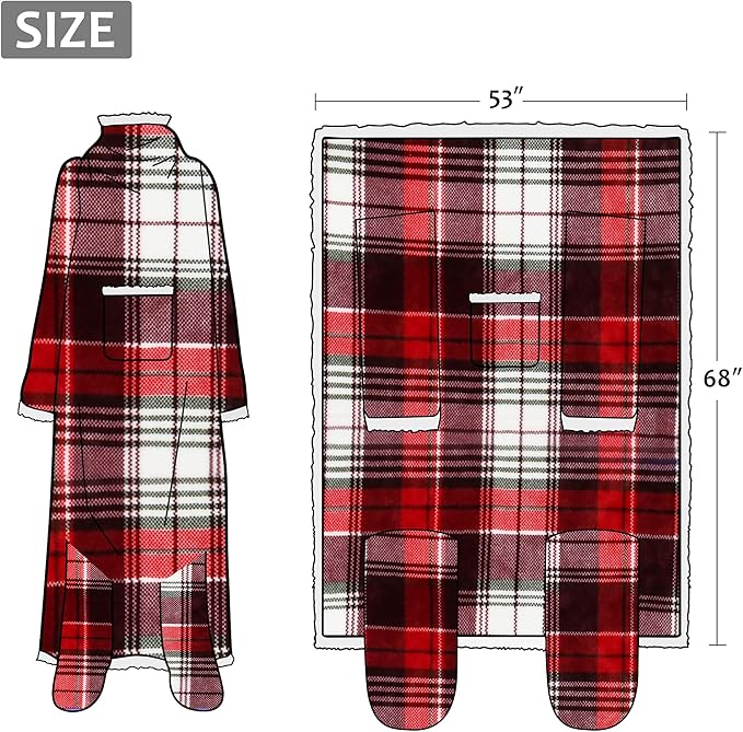 Catalonia Sherpa Wearable Blanket with Sleeves & Foot Pockets for Adult Women Men, Comfy Snuggly Wrap Sleeved Throw Blanket Robe, Gift Idea, Plaid
