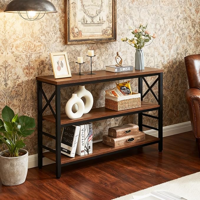 HOMBAZAAR Sofa Table,Industrial Console Table with Storage,Entryway Table with Engineered Wood and Metal,Rustic 3 Tier Shelf for Living Room,Hallway,Brown,47 Inch