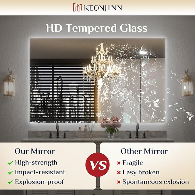 Keonjinn 48 x 36 Inch Backlit Mirror for Bathroom, Anti-Fog Led Mirror, CRI90+ HD Tempered Glass, Stepless Dimmable Lighted Mirror, High Lumen, UL Listed, Waterproof, Horizontal/Vertical