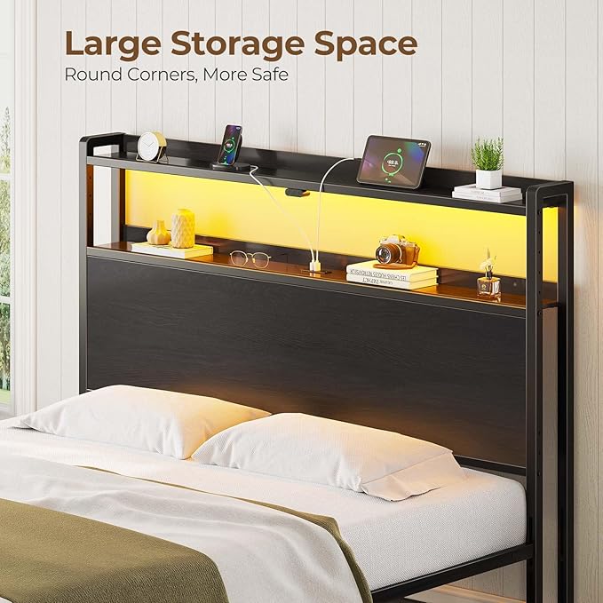 Rolanstar Headboard for Full Size Bed with Storage, 60,000 DIY Color of LED Light, Head Board with USB & Type C Port, Height Adjustable, Black Cabeceras de Cama Comfortable Modern, Wood