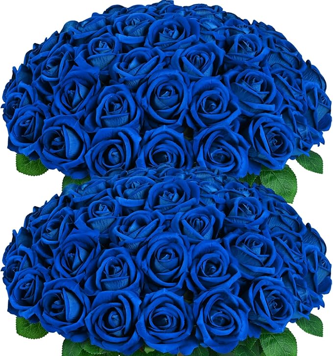 BLEUM CADE 50 Pcs Blue Roses Artificial Flowers, Real Touch Velvet Roses Fake Flowers Bulk, Artificial Roses Bouquet with Long Stems Bridal DIY Wedding Party Centerpiece Decorations