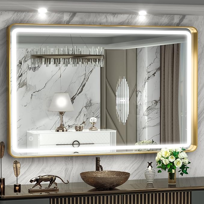 Hasipu 40×30 Inch LED Bathroom Mirror with Lights, Gold Metal Framed Bathroom Lighted Mirror for Vanity Shaving, Rectangle Wall Mounted Mirror, Anti-Fog, Dimmable, 3 Colors (Horizontal/Vertical)