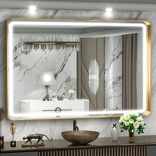 Hasipu 40×30 Inch LED Bathroom Mirror with Lights, Gold Metal Framed Bathroom Lighted Mirror for Vanity Shaving, Rectangle Wall Mounted Mirror, Anti-Fog, Dimmable, 3 Colors (Horizontal/Vertical)