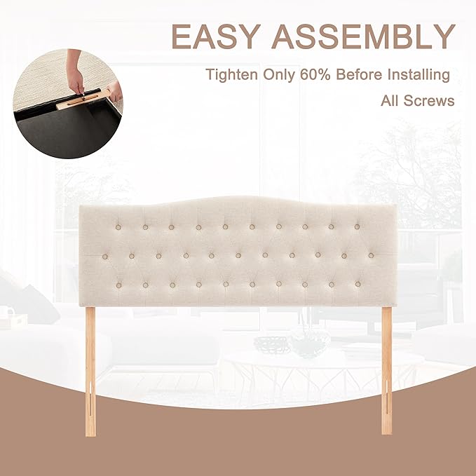 Tufted Upholstered Headboard Full Size, Sturdy and Durable Solid Wood Full XL headboard, Fabric Headboard Adjustable Height from 37” to 51”, Modern Button Diamond Design Head Board, Beige