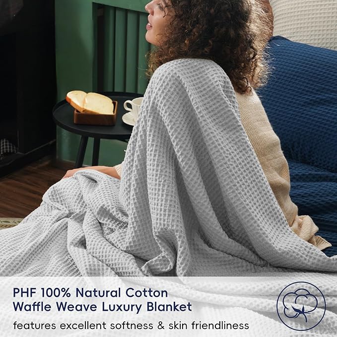 PHF 100% Cotton Waffle Weave Throw Blanket，Pre-Washed Snag Proof Lightweight Breathable Moisture-Wicking for Layering in Cold Weather for Couch Bed,Machine Washable,Home Decor Gift-Light Grey