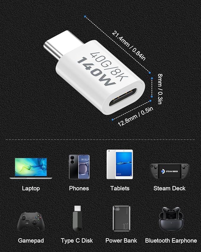 Danfetsoy 140W USB-C Male to Female Adapter, 40Gpbs USB C Male to Female Adapter Thunderbolt 3/4 Suport 8K@60HZ for iWatch, Airpods, iPad (4-Pack)