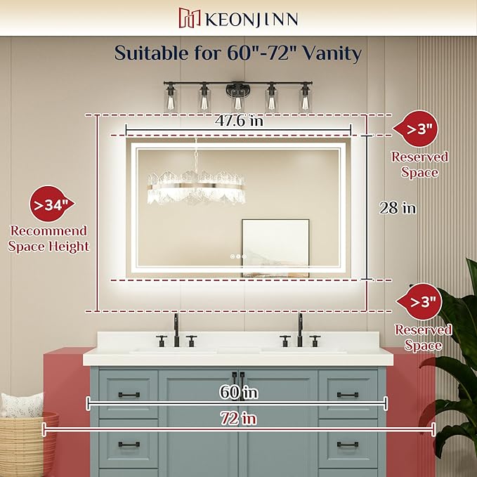 Keonjinn 48 x 28 Inch LED Bathroom Mirror, Lighted Bathroom Mirror with Lights, Shatter-Proof Tempered Glass, UL-Listed LED Driver, Fog Free, Dimmale 6000K, Easy to Install(Horizontal/Vertical)