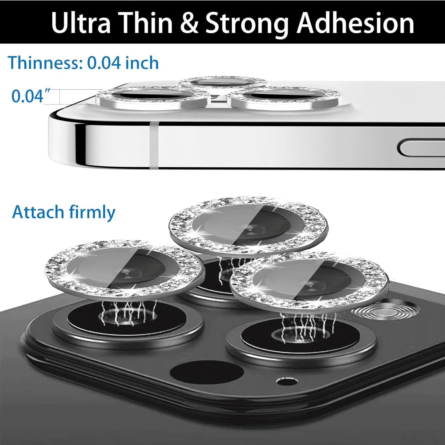 iPhone 11 Series Camera Lens Protector - 3+1 Glitter Bling, Tempered Glass, Case Friendly, Silver Ring Accessories.