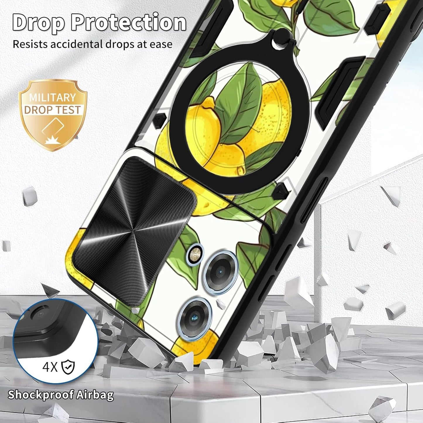 Motorola Moto G Stylus 5G 2023 Case: Slide Camera Lens Cover & 360 Degree Rotate Ring Kickstand - Lemons