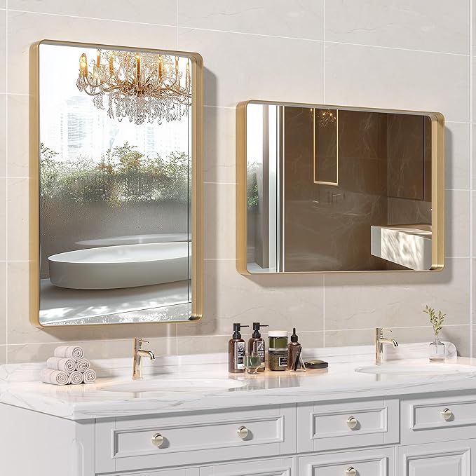 Hasipu 2 PCS Bathroom Mirror for Wall, 32 x 24 Inch Gold Metal Framed Bathroom Mirrors for Over Sink, Rectangle Bathroom Vanity Mirror, Anti-Rust, Tempered Glass, Horizontal or Vertical