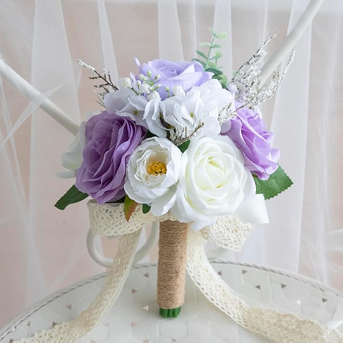 Wedding Bouquets for Bride Bridesmaid, Artificial Lilac Bride Flower Bouquet for Wedding Church Decoration Ceremony, Anniversary, etc, Roses Flowers