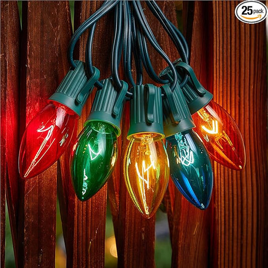 Minetom C9 Multicolor Christmas String Lights, 25FT 25 Blubs Bright & Warm Outdoor Christmas Lights, Long Life C9 String Lights for Tree Patio Gazebo Wreath, Multicolor Green Wire