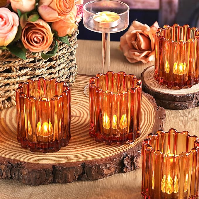 Glass Amber Votive Candle Holder, Ribbed Votive Candle Holders Set of 12, Tealight Candle Holder for Wedding Centerpieces Dinner Party Table Decor