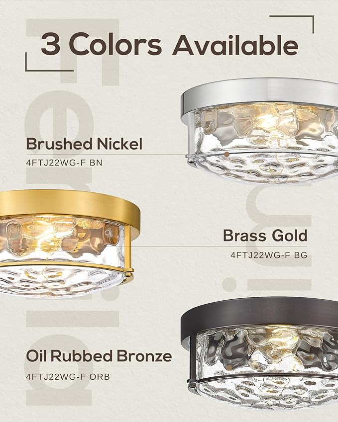 FEMILA 12" Brushed Gold Flush Mount Ceiling Light, Light Fixtures Ceiling Mount with Water Ripple Glass, for Kitchen, Bedroom, Living Room, 4FTJ22WG-F BG