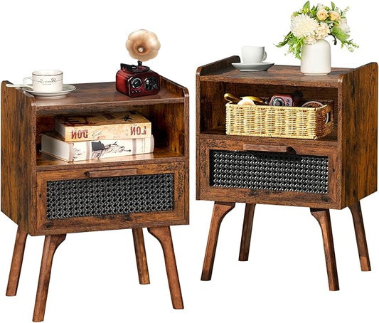 Lerliuo Rattan Nightstands Set of 2, Boho Side Table with Drawer Open Shelf, Cane Accent Bedside End Table with Solid Wood Legs for Bedroom, Dorm and Small Spaces (Brown)