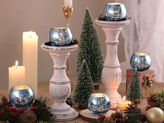 LAMORGIFT 24 Pcs Blue Votive Candle Holders Bulk- Blue Tealight Candle Holders for Wedding Decor, Mercury Glass Votives for Bridal Shower, Baby Shower Table Centerpieces