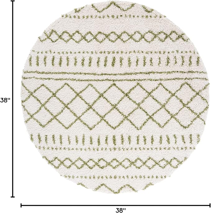 SAFAVIEH Arizona Shag Collection Area Rug - 3'2" Round, Ivory & Green, Moroccan Design, Non-Shedding & Easy Care, 1.6-inch Thick, Ideal for The Living Room, Dining, Bedroom (ASG741Y)