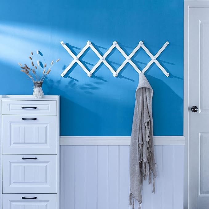 SKOLOO Hat Rack for Wall with 14 Hooks, Pack of 2, Solid Wooden, Modern, Expandable Coat Rack Wall Mount for Coats, Hats, Bags, Baseball Caps, White