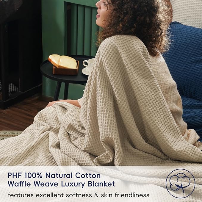 PHF 100% Cotton Waffle Weave Throw Blanket，Pre-Washed Snag Proof Lightweight Breathable Moisture-Wicking for Layering in Cold Weather for Couch Bed,Machine Washable,Home Decor Gift-Khaki/Simply Taupe