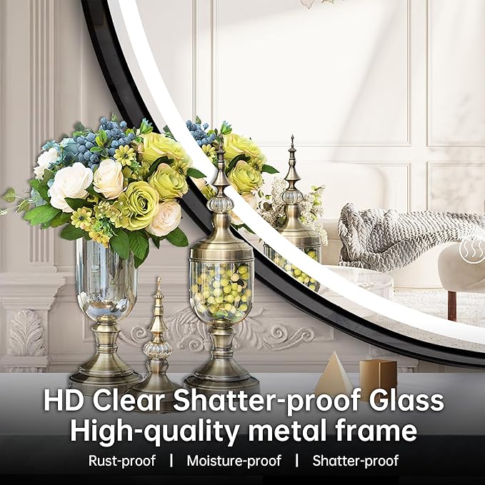 24 Inch Round Bathroom Mirror with Lights, Black Metal Framed Frontlit Circle Mirrors for Wall, Led Light Mirror with Anti-Fog, Memory Function, 3 Color Temperature, Dimmable Makeup Mirror