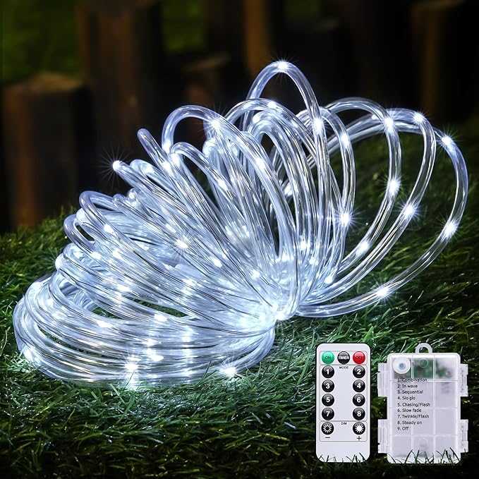 JMEXSUSS 100 LED Battery Operated Rope Lights - Outdoor Waterproof, 33ft 8Mode Battery String Lights Outdoor with Remote for Trampoline, Camping, Balcony, Canopy, Deck Decor (White)