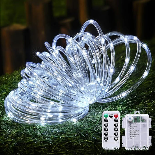 JMEXSUSS 100 LED Battery Operated Rope Lights - Outdoor Waterproof, 33ft 8Mode Battery String Lights Outdoor with Remote for Trampoline, Camping, Balcony, Canopy, Deck Decor (White)