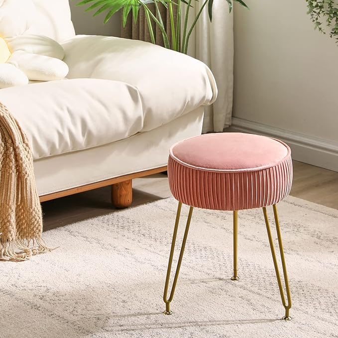 IBUYKE Velvet Round Footrest Ottoman, Makeup Vanity Stool Side Table, Velvet Dressing Table Seat, Pouf Couch Stool, Golden Steel Legs, Pink LG-30P