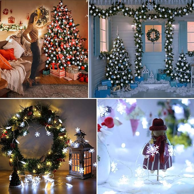 BrizLabs White Snowflake Christmas String Lights, 16.08ft 40 LED Christmas Lights with Remote, Snowflake String Light Battery Operated, 8 Modes Xmas Tree Light Waterproof for Outdoor Indoor Decoration